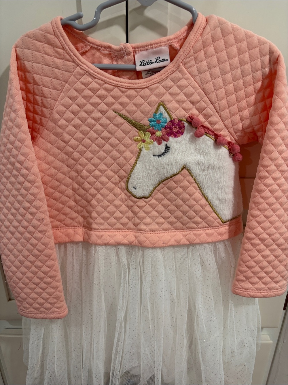 Little Lass Peach Quilted Unicorn Tulle Dress with Cream Skirt
